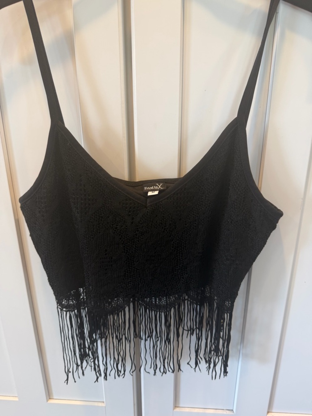 Size-Med Vintage Famous X Black Crochet Fringe/Lace crop top Great for Festivals